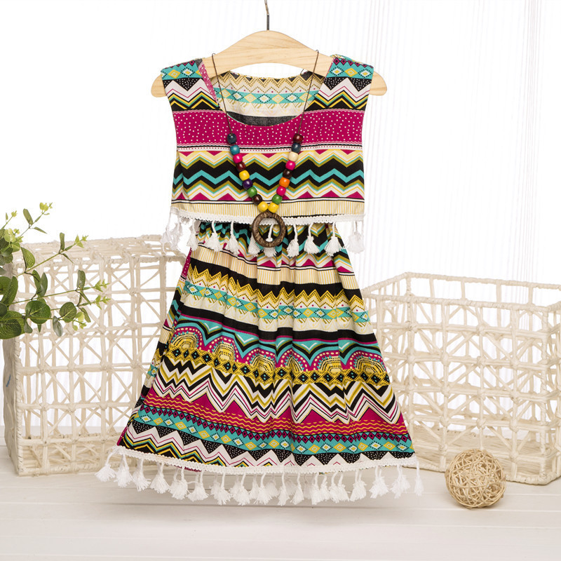 Children's dress Summer Ethnic Style Large Children's Cotton Silk Artificial Cotton Little Girl's Skirt Girls' Floral Viscose Dress