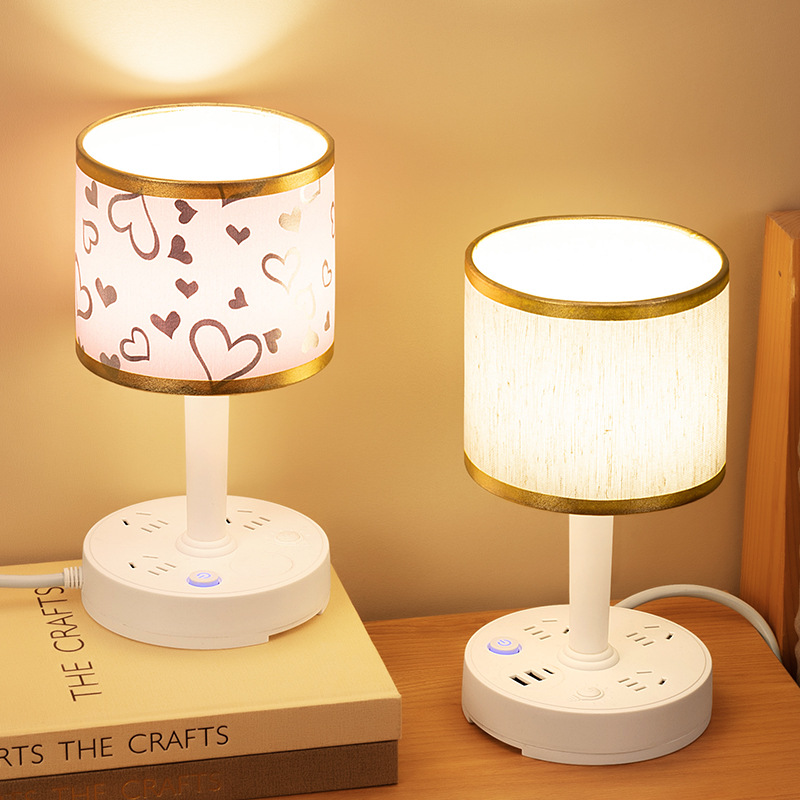 Fabric lampshade bedroom eye-protection desk lamp creative LED night light USB charging power strip decorative bedside lamp socket