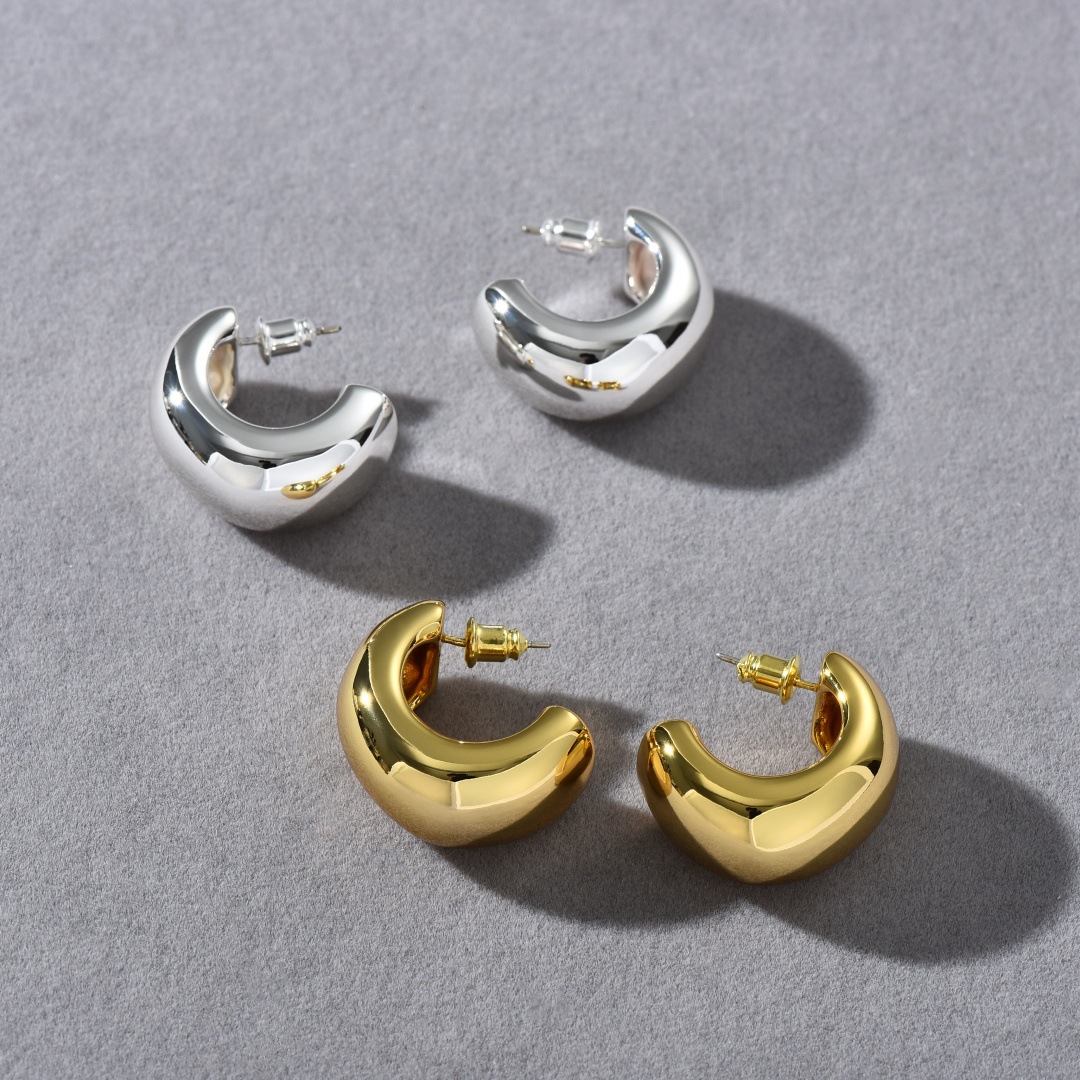 歐美復古幾何簡約氣質C形光面圈圈S925銀針耳釘小眾輕奢時尚耳環