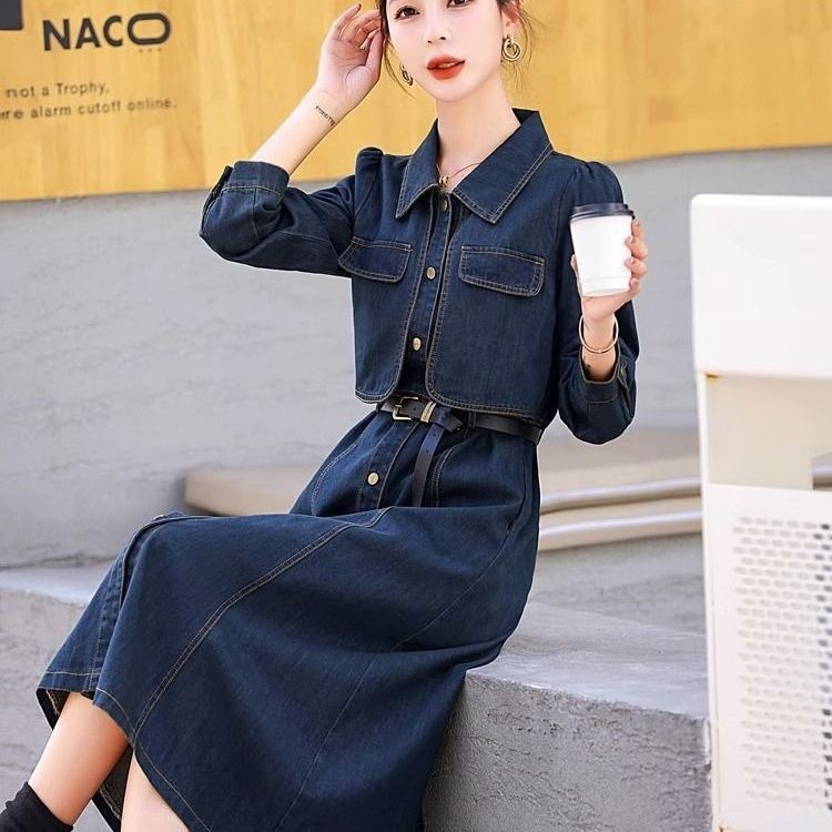牛仔长袖连衣裙女春春秋2025新款高级感法式气质收腰显瘦衬衫长裙|undefined
