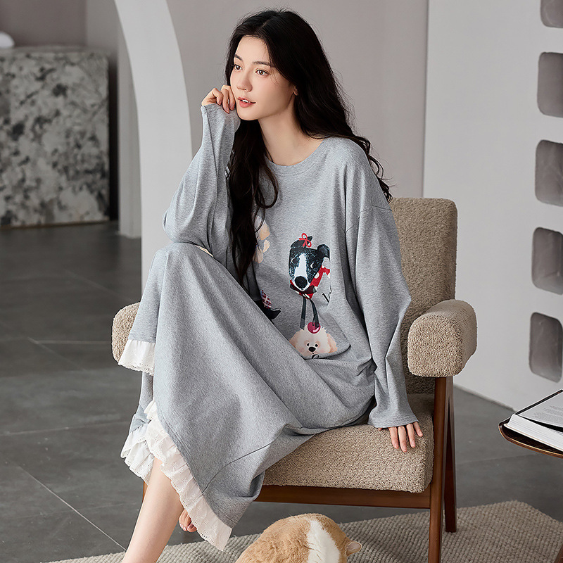 Cotton New Autumn and Winter Long-Sleeved Nightgown, Fragrant Lace Spring and Autumn Pajamas, Mid-Length Skirt, Large Size Home Wear Princess Cotton New Autumn and Winter Long-Sleeved Nightgown, Fragrant Lace Spring and Autumn Pajamas, Mid-Length Skirt, Large Size Home Wear Princess