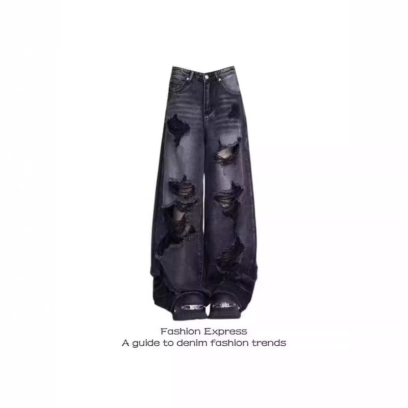 Black American Style High Street Old Ripped Wide Leg Pants for Men and Women Four Seasons Thin High Waist Loose Straight Pants