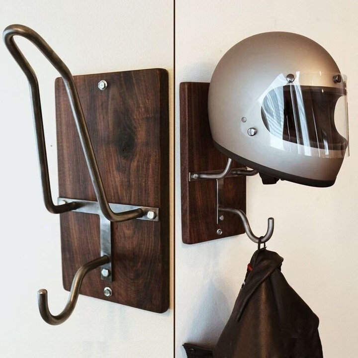 Motorcycle helmet rack jacket Wall hanger iron and wood combined wall hook keychain Wall hanger