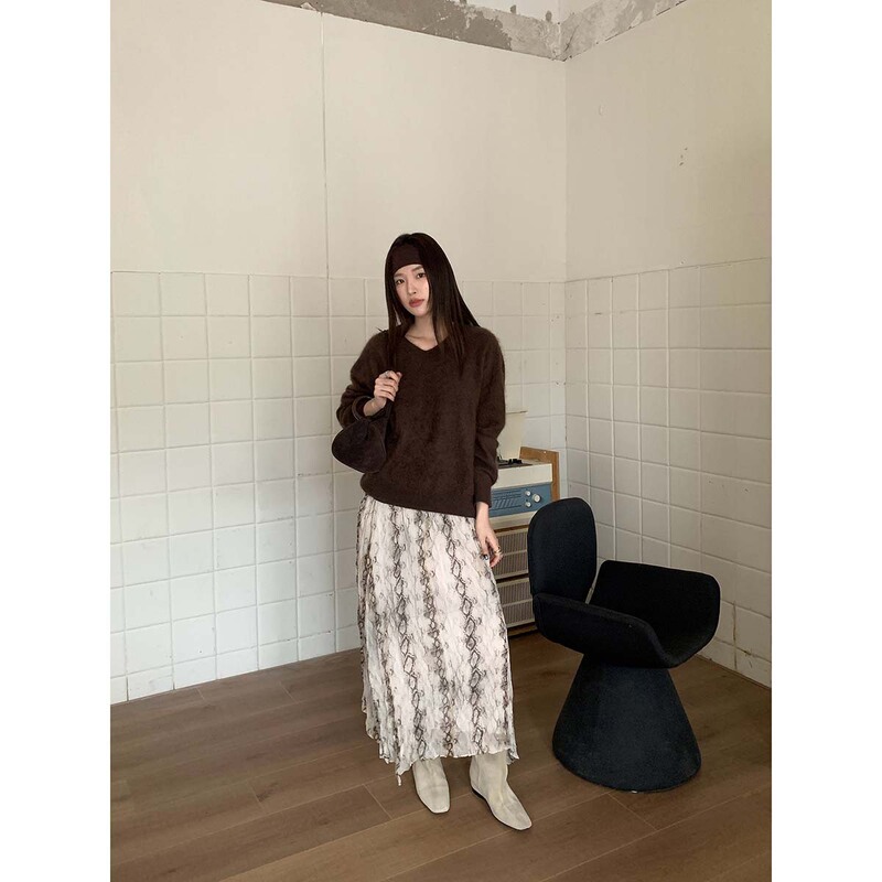 Dream Chasing Dt Etolie Korean Retro Lazy Style A-Line Skirt Autumn and Winter Twisted Print Casual Mid-Length Skirt