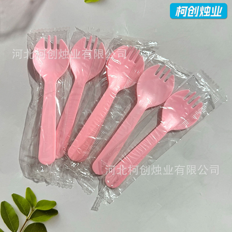 クロスボーダー卸売独立包装スプーンフォーク使い捨てフロスト厚いプラスチックフルーツ三歯フォークスプーン一体スプーンフォーク|undefined