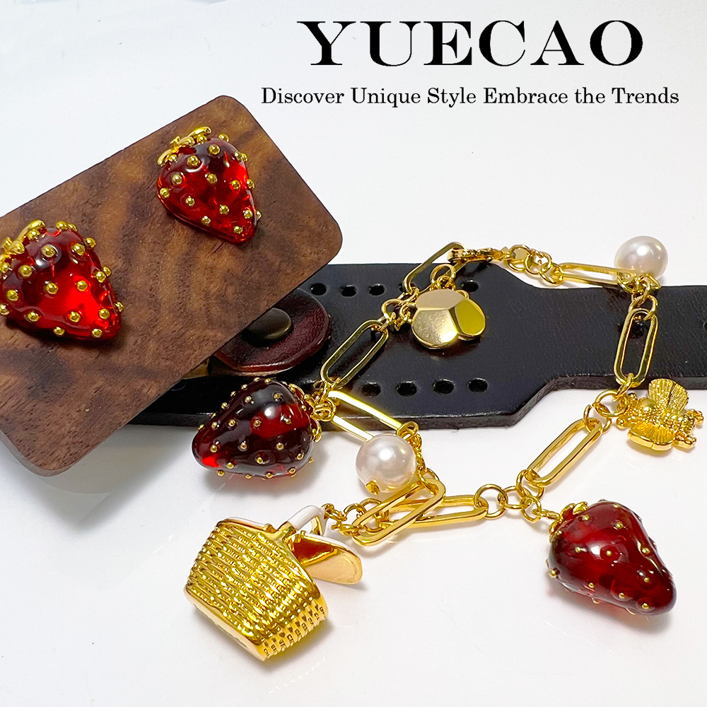 KS nueva fresa pulsera nicho ins cobre textura de oro Chapado en la fruta de alta definición marcado dopamina collar oído espárragos