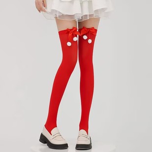 New Cross-border Bow Christmas Socks Ball Socks Over-the-Knee Socks Women's Long Barrel European and American Holiday Christmas Red Long Barrel
