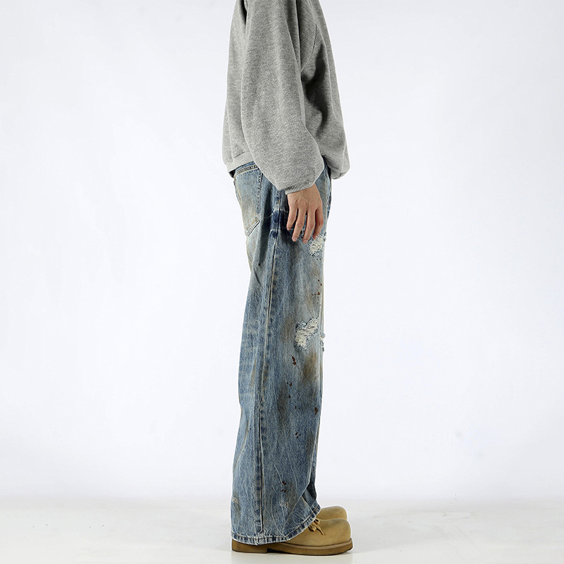 Retro americano cleanfit sickle jeans tendencia suelta recto agujero vibe cimeta pantalones sucios