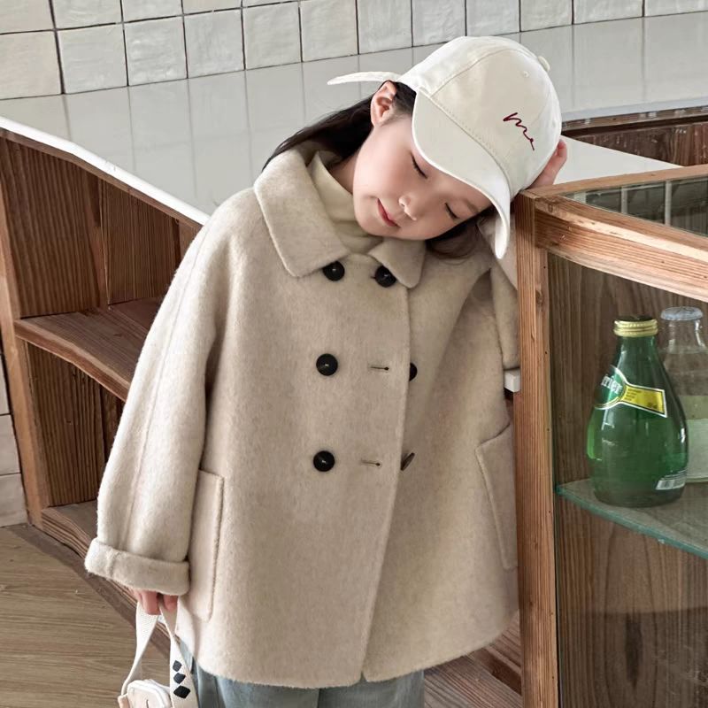 Girls' Double-Sided Woolen Outwear, Spring & Fall New Style, Medium and Large Kidsren's Cashmere Winter Warm Korean Style Kidsren's Woolen Outwear