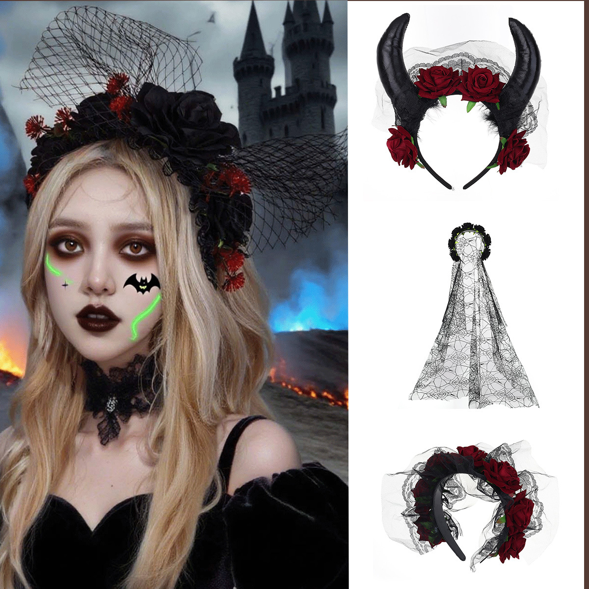 Dark Halloween Headband Veil Artificial Flower Ghost Festival Veil Hair Accessories Stage Dress Gothic Witch Headdress