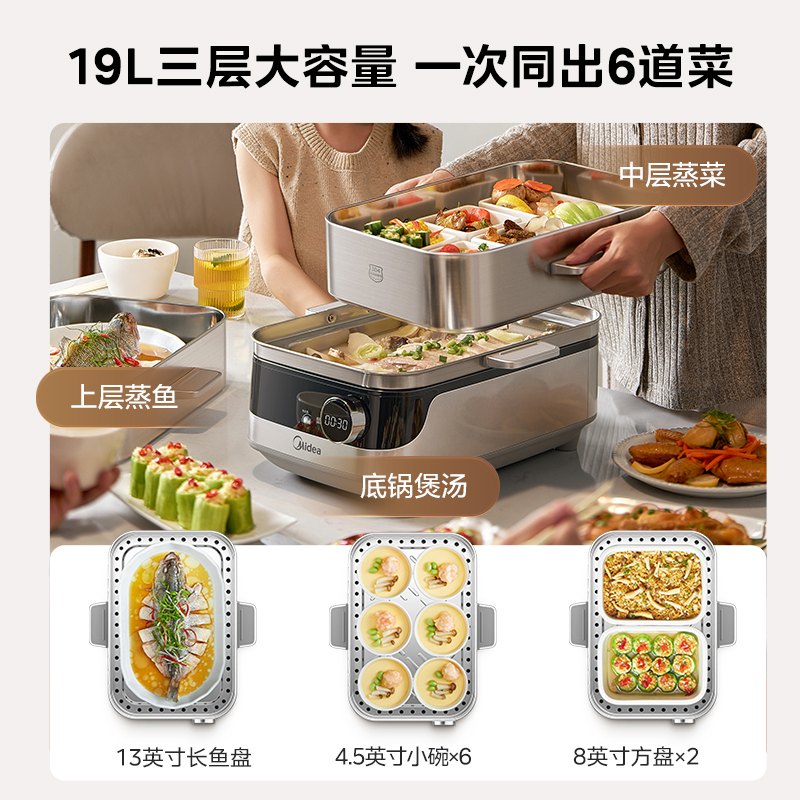 美的电蒸锅蒸魔方家用三层大容量不锈钢0塑0涂层全钢新品电蒸箱|undefined