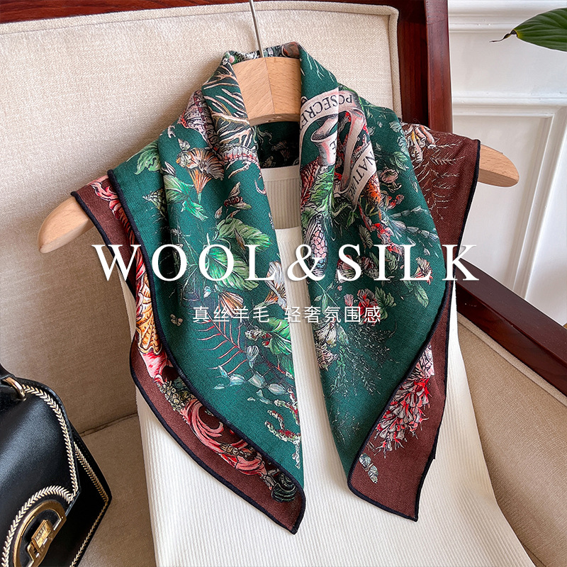 Fashion Versatile Women's Silk Scarf Autumn/Winter New Arrival Real Silk Wool Square Scarf Double-Sided Two-Tone Luxury Elegant Silk Wool Scarf - Thumbnail 2
