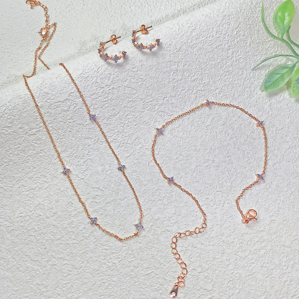 跨境新款蓝色小花甜美三件套 脚链项链耳环微镶锆石首饰女士套装