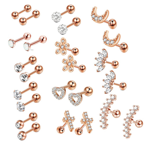 Amazon Zircon Threaded Earrings Stainless Steel Pierced Earrings Set Cartilage Earrings Set