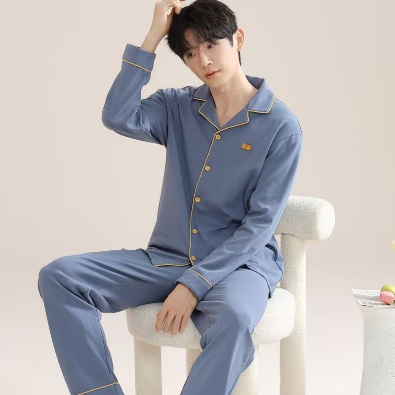 2025 Pajamas Men's Spring and Autumn Thin Cardigan Long Sleeve Teen Boys Casual Wearable Men's Home Clothes