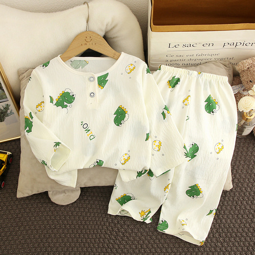 Summer New Cartoon Children's Sleepwear Thin Cotton Long-Sleeved Long Pants Set Boys Home Girl Summer Air Conditioning Clothes