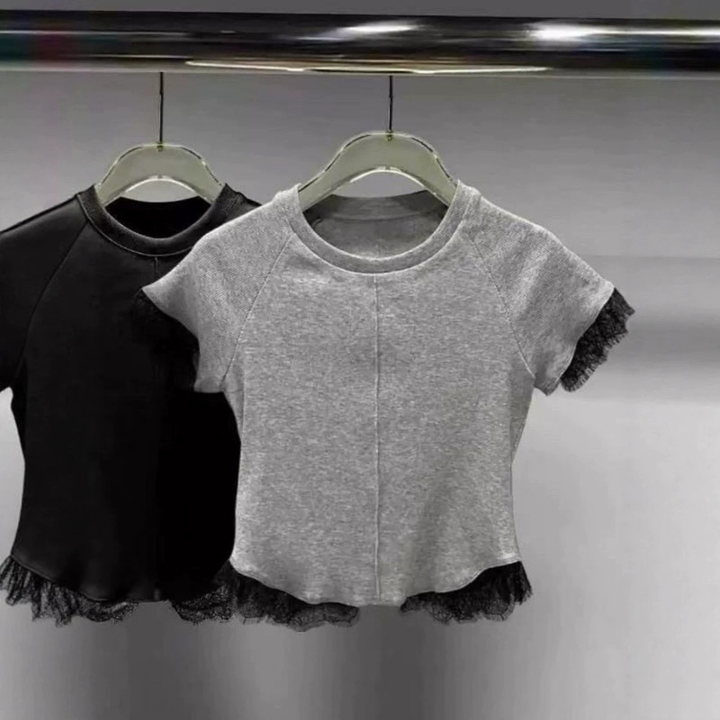 Pure Cotton Ribbed Summer New Style Round Neck Sweet Lace Splicing Short-Sleeved T-Shirt with a Stylish Design and Slim Fit Pure Cotton Ribbed Summer New Style Round Neck Sweet Lace Splicing Short-Sleeved T-Shirt with a Stylish Design and Slim Fit