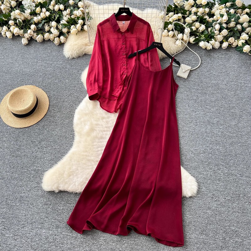 Elegant Two-piece Set Women's Niche Lazy Style Outer Wear Thin Loose Long-sleeved Sun-protective Shirt Jacket with dress Strap Elegant Two-piece Set Women's Niche Lazy Style Outer Wear Thin Loose Long-sleeved Sun-protective Shirt Jacket with dress Strap