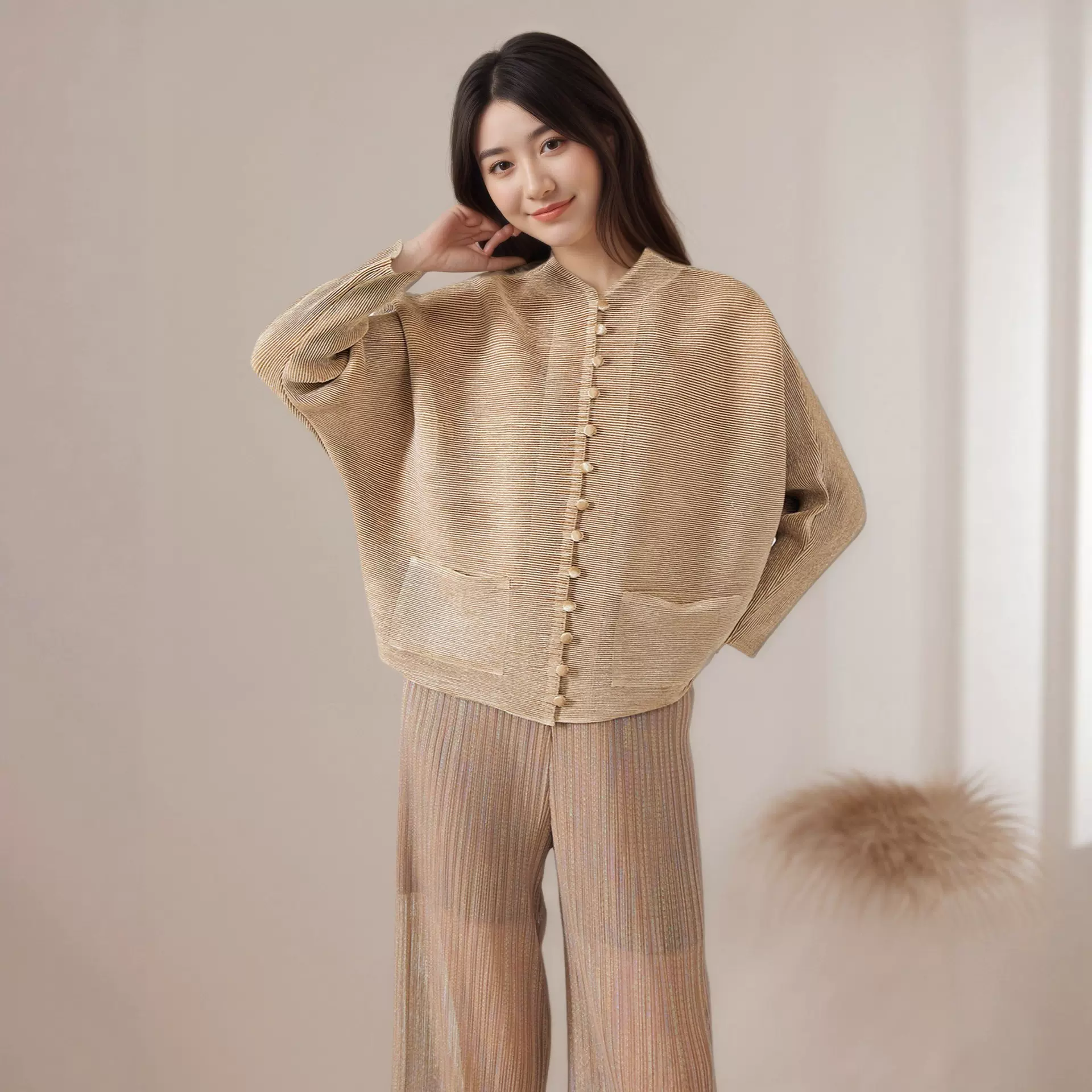 复古国风压褶上衣女秋冬加厚保暖丝绒三宅时尚大码显瘦衬衣短外套