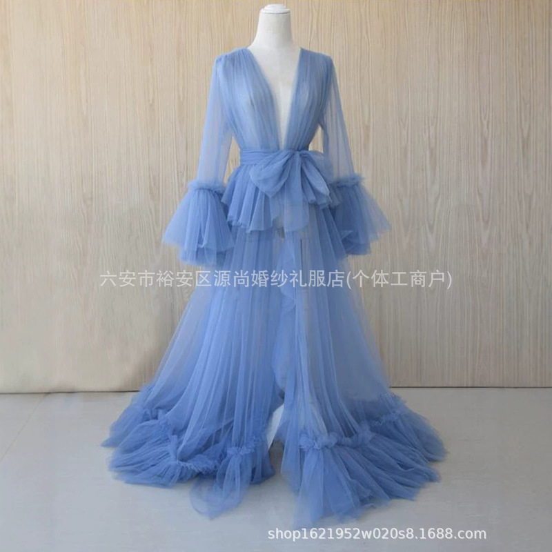 European and American Style Maternity Photo Shoot Mesh Overlay Dress with Deep V-Neck, Flared Sleeves, Waist-Cinching, Bow Tie, and Trailing Hem for Photography, Wholesale Supply