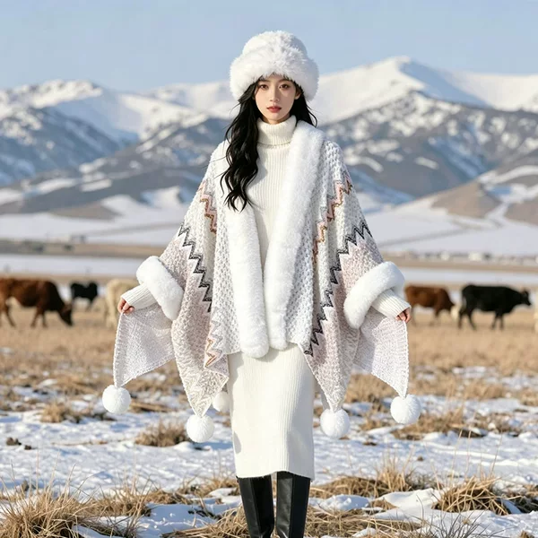 New ethnic-style knitted jacquard cape with shawl sleeves for women, faux rex rabbit fur, versatile for travel and photo shoots, trendy outerwear