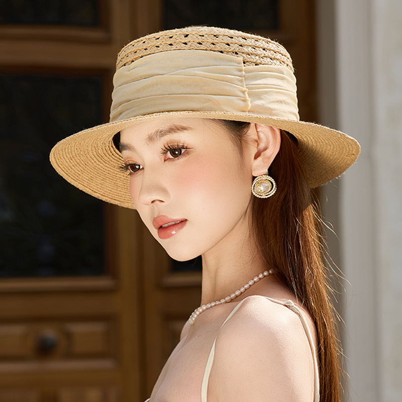Mũ rơm phẳng vành rộng nữ đi biển chống nắng kiểu Nhật Hàn — Màu be