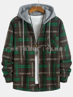 男士大码休闲格子连帽撞色拼接休闲时尚日常百搭原宿风假两件长袖
