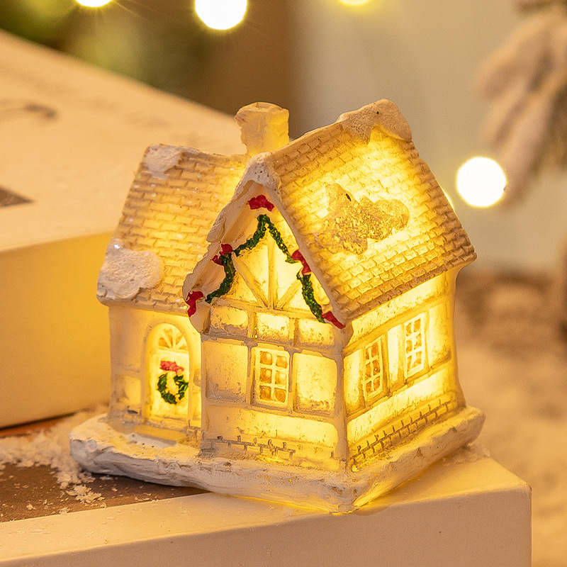 クリスマス新作装飾樹脂製ライト付きミニハウス クリスマスマイクロランドスケープ レトロ装飾置物ギフトライト|undefined