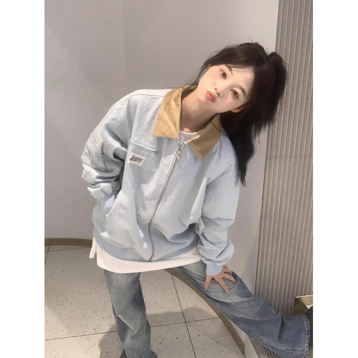 美式复古外套女春秋2025新款潮牌撞色翻领宽松情侣夹克棒球服开衫|undefined