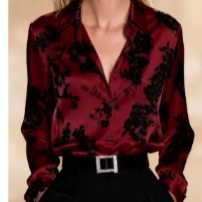 Brand New Burgundy Deep Floral Print Men's Long-Sleeved Shirt, Satin Texture, Slim Fit, Casual and Elegant