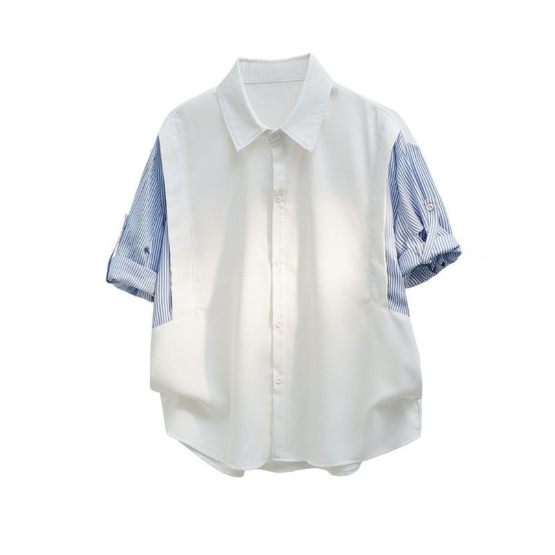 2025 Summer Vacation Two-Piece Short-Sleeved Shirt Men's Summer High-End Striped Shirt Contrasting Color Stitching Casual Jacket