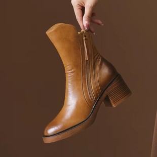 Spot Large Size Retro Mid-Calf Side Zipper Boots Cross-Border New European Version Thick Heel Fashion Trendy Fashion Women's Boots