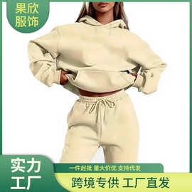 跨境抓绒卫衣冬季运动服妇女两件套-卫衣运动裤纯色运动服|休闲运