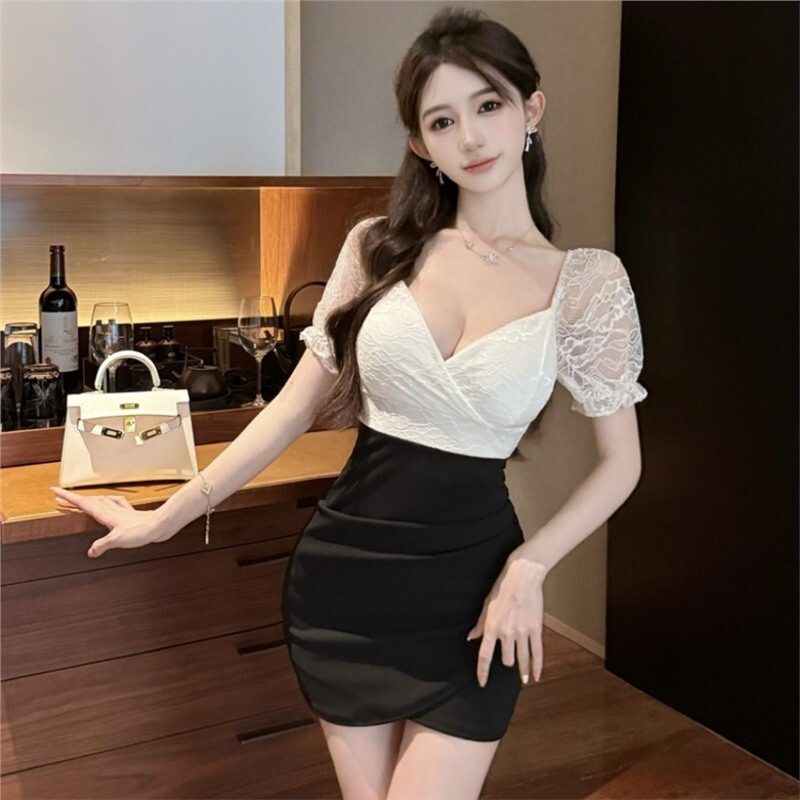 Nightclub Women's Workwear Low-Cut Deep V Neck Lace Stitching Asymmetrical Hip Skirt Nightclub Sexy Dress