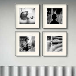 黑白艺术场景人物照片卡纸画建筑复古客厅装饰画设计师样板房挂画