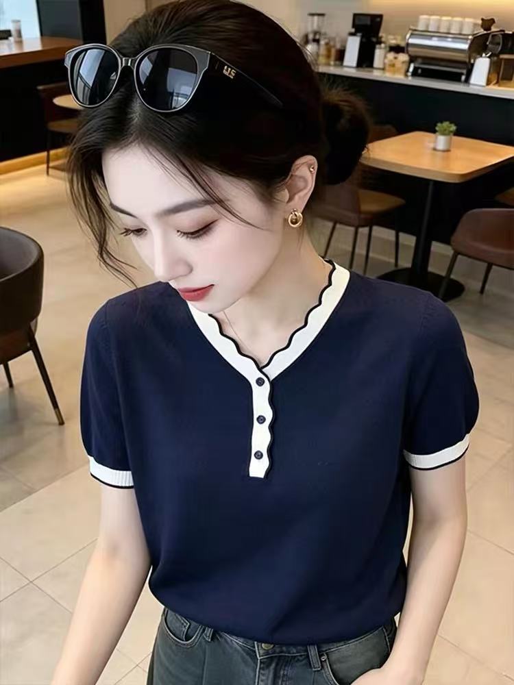 Áo thun nữ cổ V phối màu tay ngắn thiết kế dệt kim — Xanh navy
