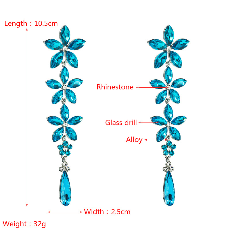 European And American Autumn And Winter New Trend Shiny Blue Crystal Flower Tassel Luxury Earrings display picture 1