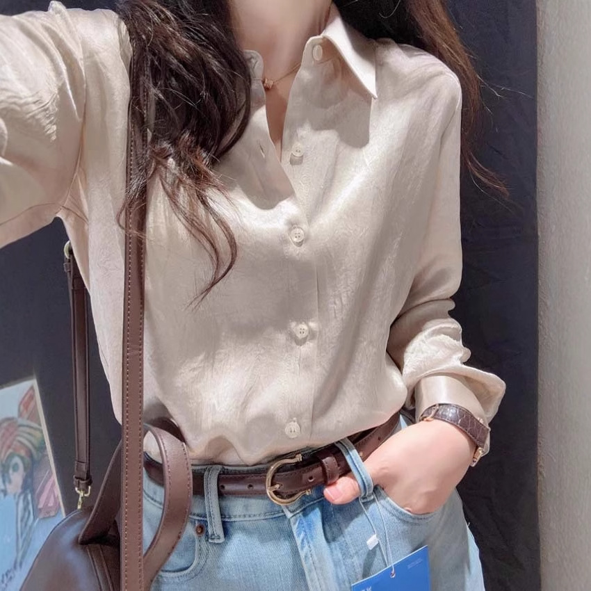 重磅100美國伊士曼醋酸！缎面抓皱宽松显瘦通勤翻领长袖衬衫女春