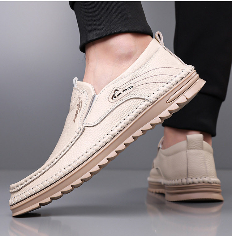 Giày lười nam da bò lớp đầu cỡ lớn, mũi tròn, đế bằng, phong cách casual — Màu nâu, Màu trắng ngà, màu đen chi tiết 18