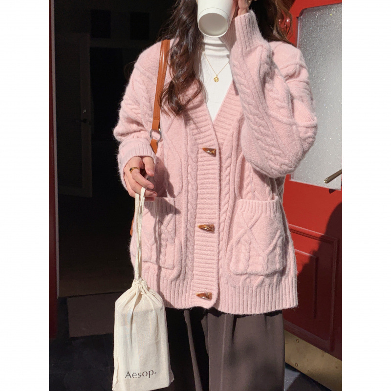 复古牛角扣麻花口袋毛衣外套女春秋季新款慵懒宽松软糯针织开衫厚|undefined