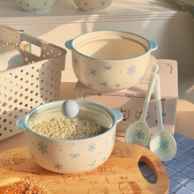 初雪陶瓷泡面碗带盖高颜值家用简约高级方便面碗螺丝饭碗双耳汤碗