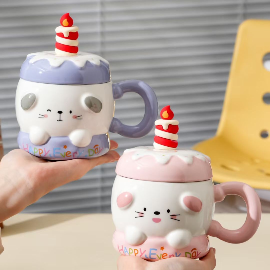 Regalos de cumpleaños para chicas pastel taza con cubierta cucharas de cerámica de oficina taza de agua de alto valor