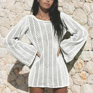 Cross-border European and American New Sexy Knitted Hollow Beach Blouse Bikini Swimsuit Women's Holiday Long-sleeved Outer Blouse