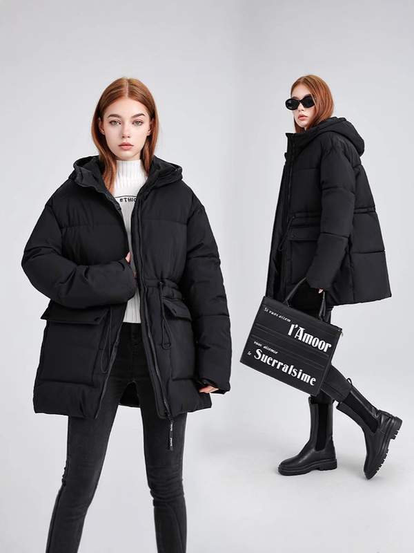 外贸中长款羽绒棉服女2025冬季新款工装韩版宽松连帽面包服棉衣|undefined