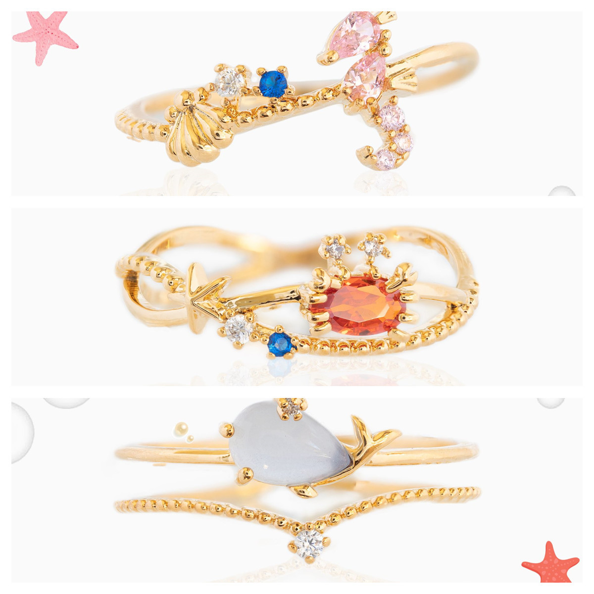 INS Style Marine Animal Ring Fresh Cute Crab Seahorse Color Zircon Ring Bracelet in Stock