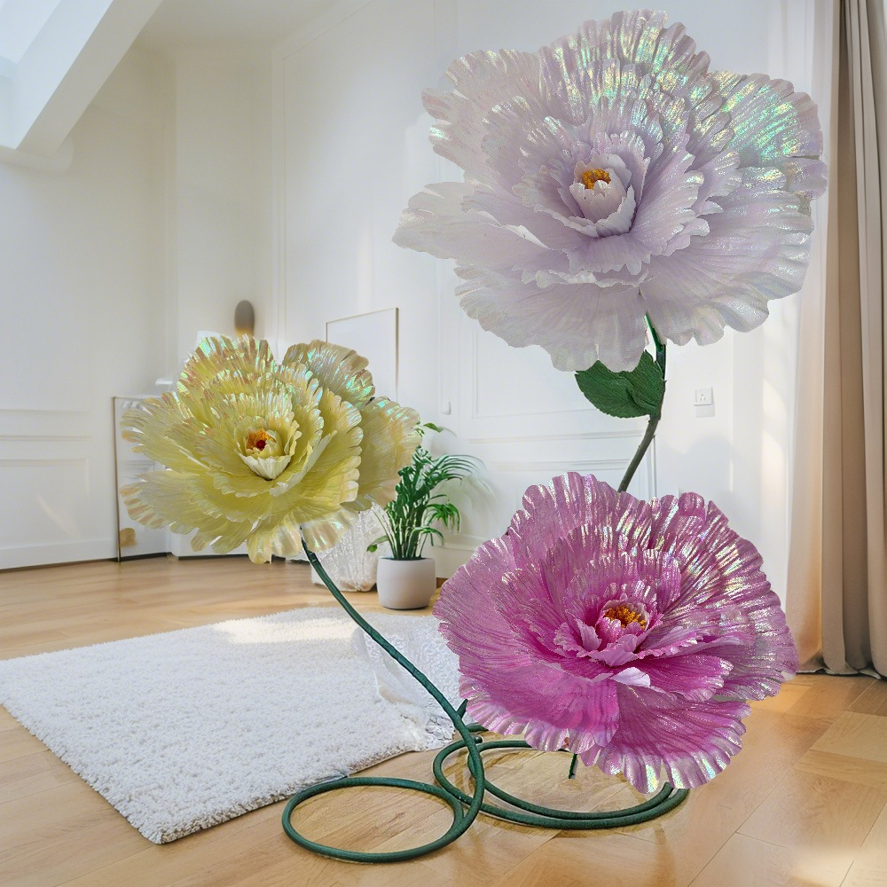 Simulación de tela brillante peonía gran atmósfera floral lámpara de papel floral lámpara de piso arrugada material de papel artístico