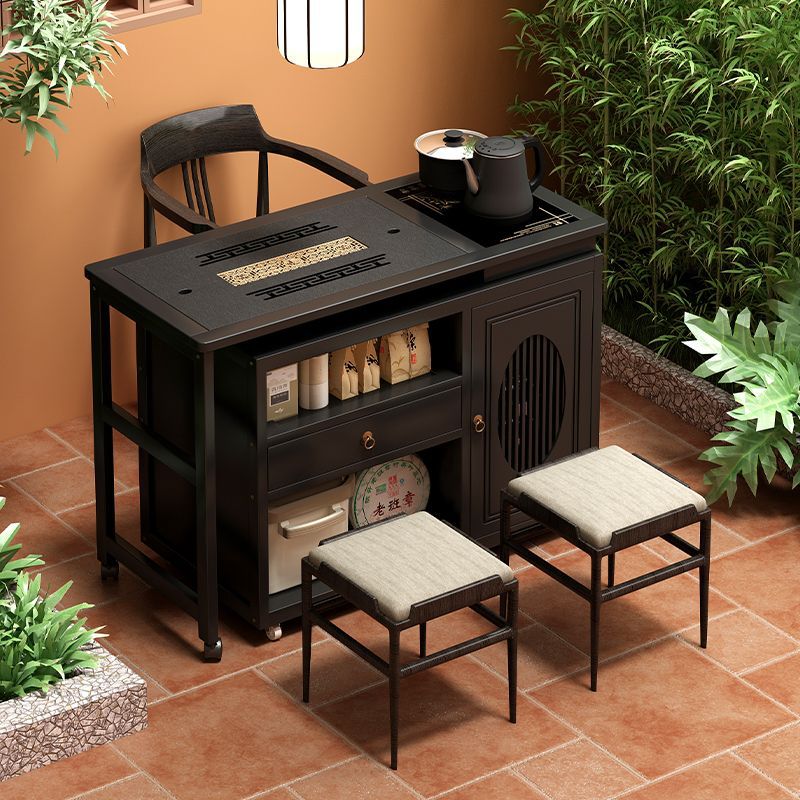 Rotatable Tea Table, Small Tea Cart Cabinet, Walnut Color Side Table, Movable Tea Table, Balcony Home Table and Chair Combination Coffee Table