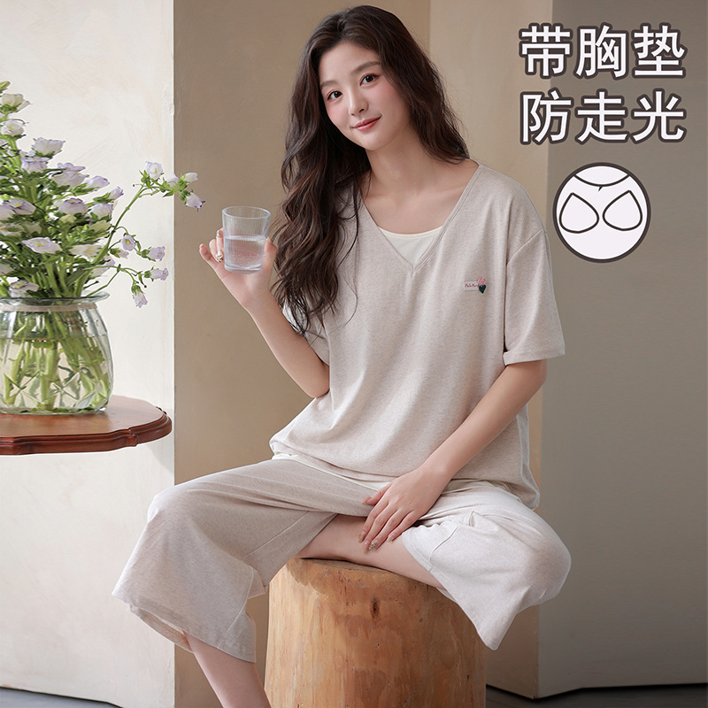 2026 New Snowflake Cotton Pajamas for Women, Summer Short-Sleeve with Chest Pads, Three-Quarter Pants, Pure Cotton, No Bra Needed Set