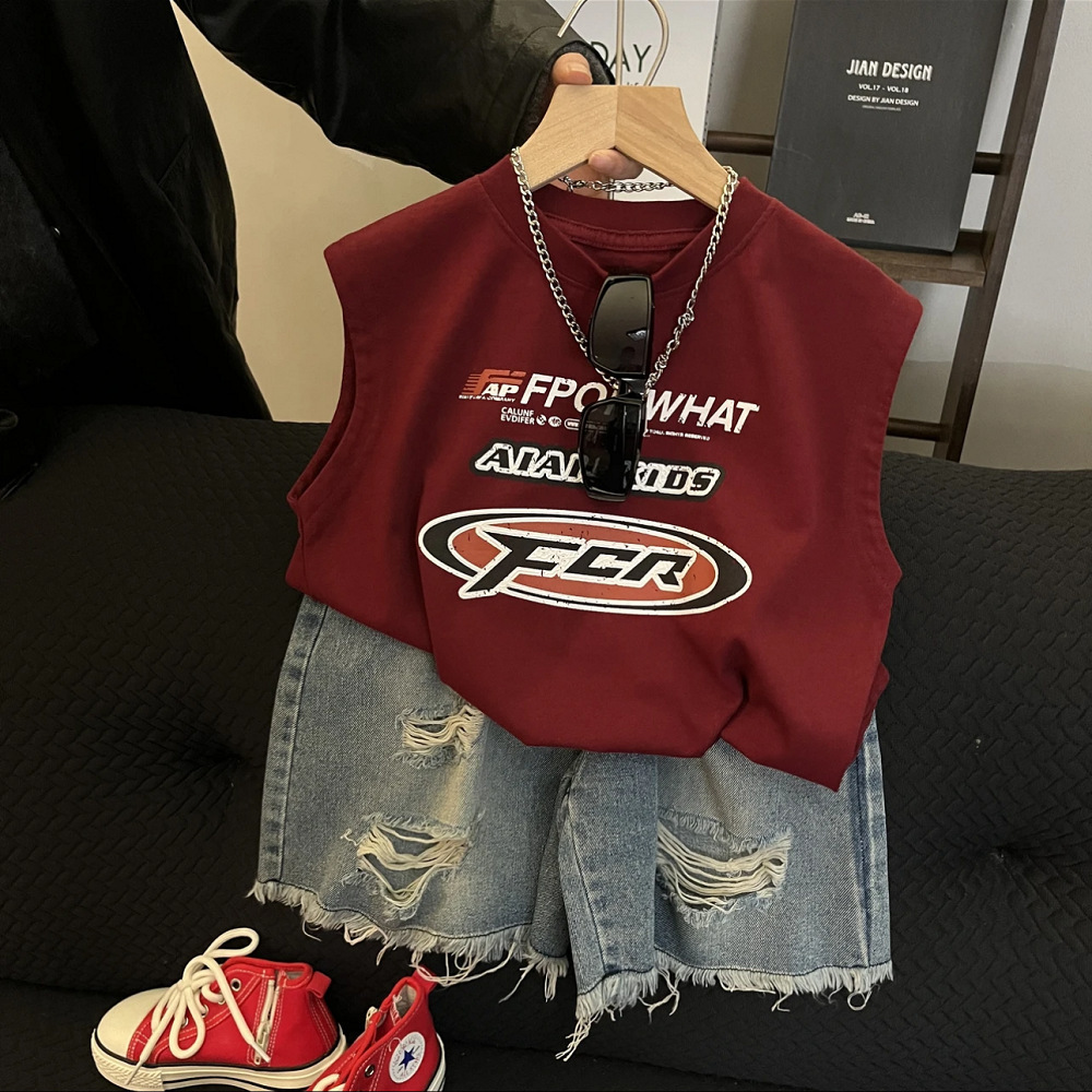 Camiseta de verano para niños guapo, chaleco de cuello redondo, estilo de moda suelto, letras de estilo extranjero, camisa de base de algodón sin mangas