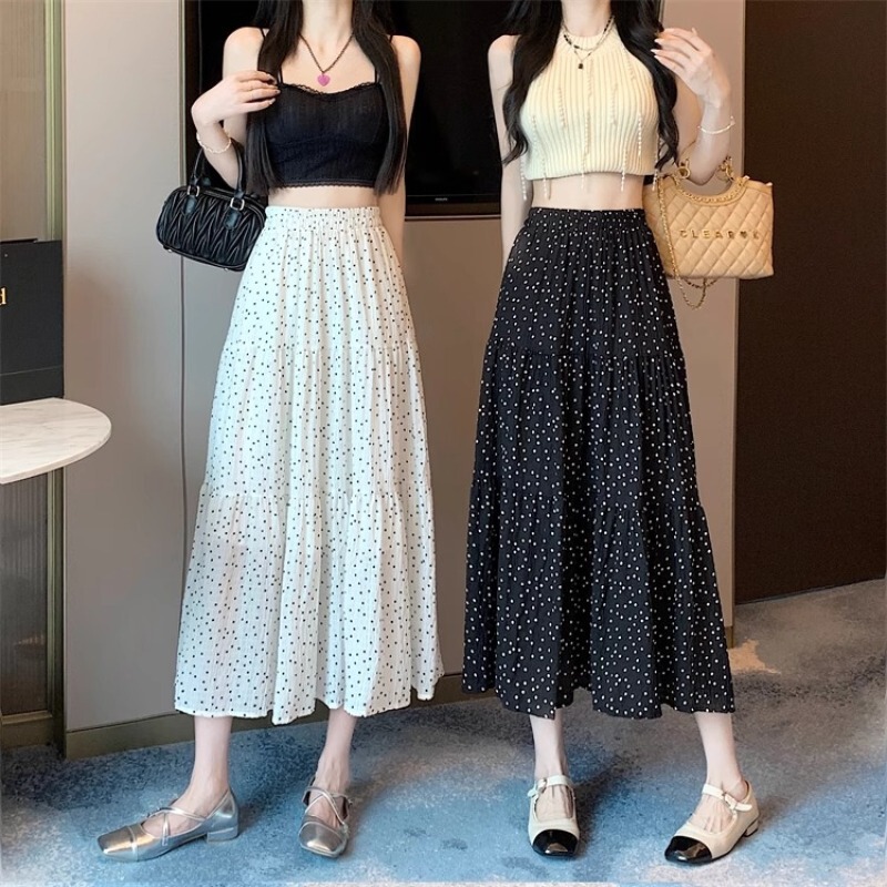 Polka Dot Skirt Women's Summer Mid-length High Waist Slimming Umbrella Skirt Small A- line Pleated Skirt A3725